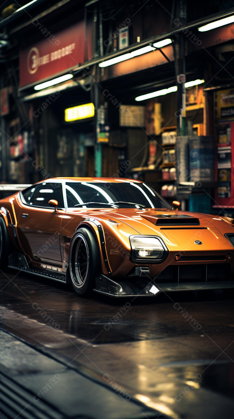 Carro esportivo dourado em oficina noturna