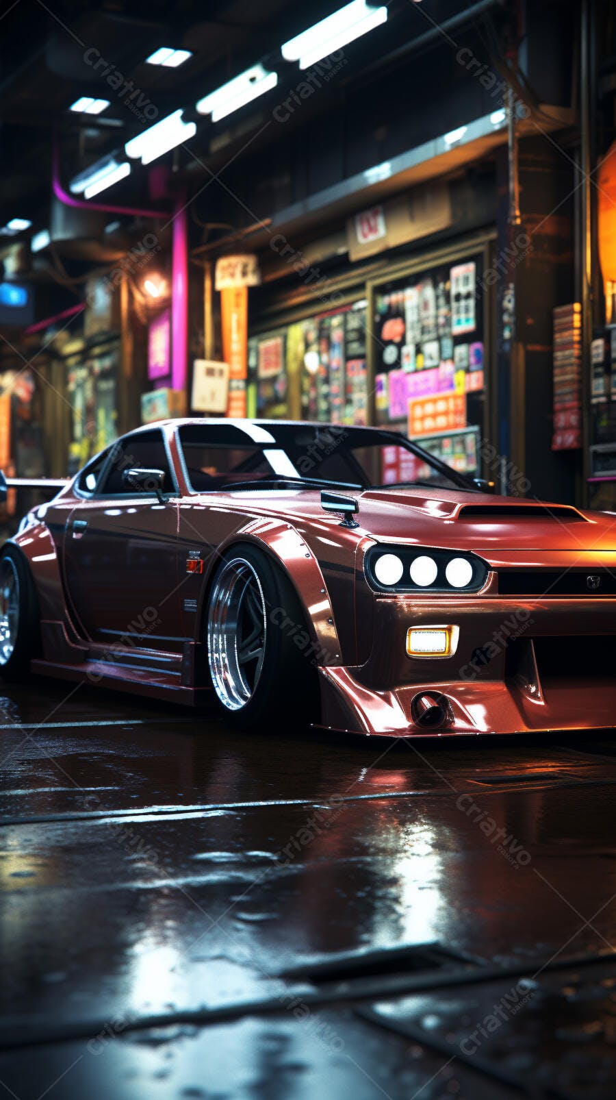 Carro customizado marrom em rua noturna