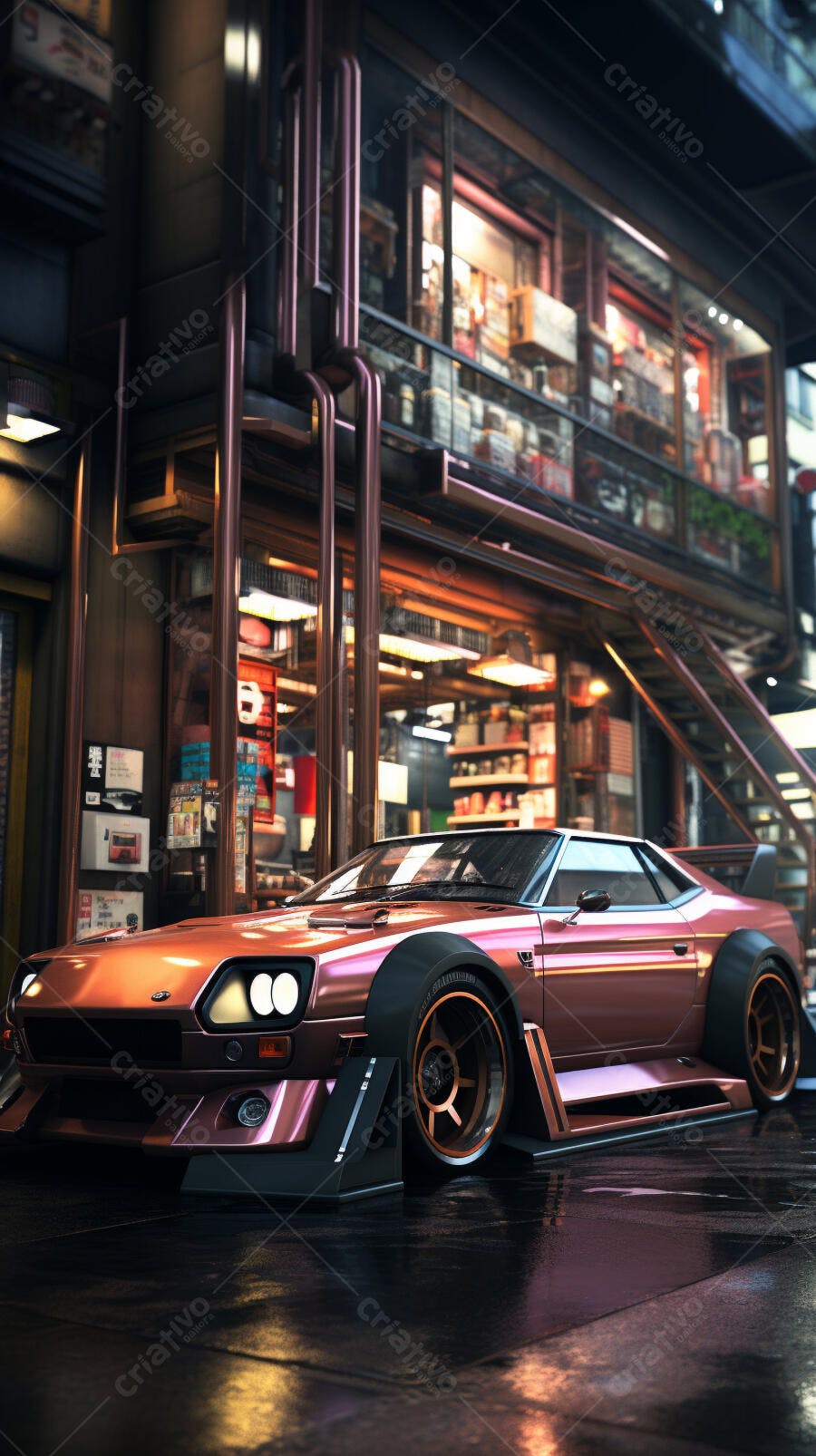 Carro customizado rosa em rua noturna