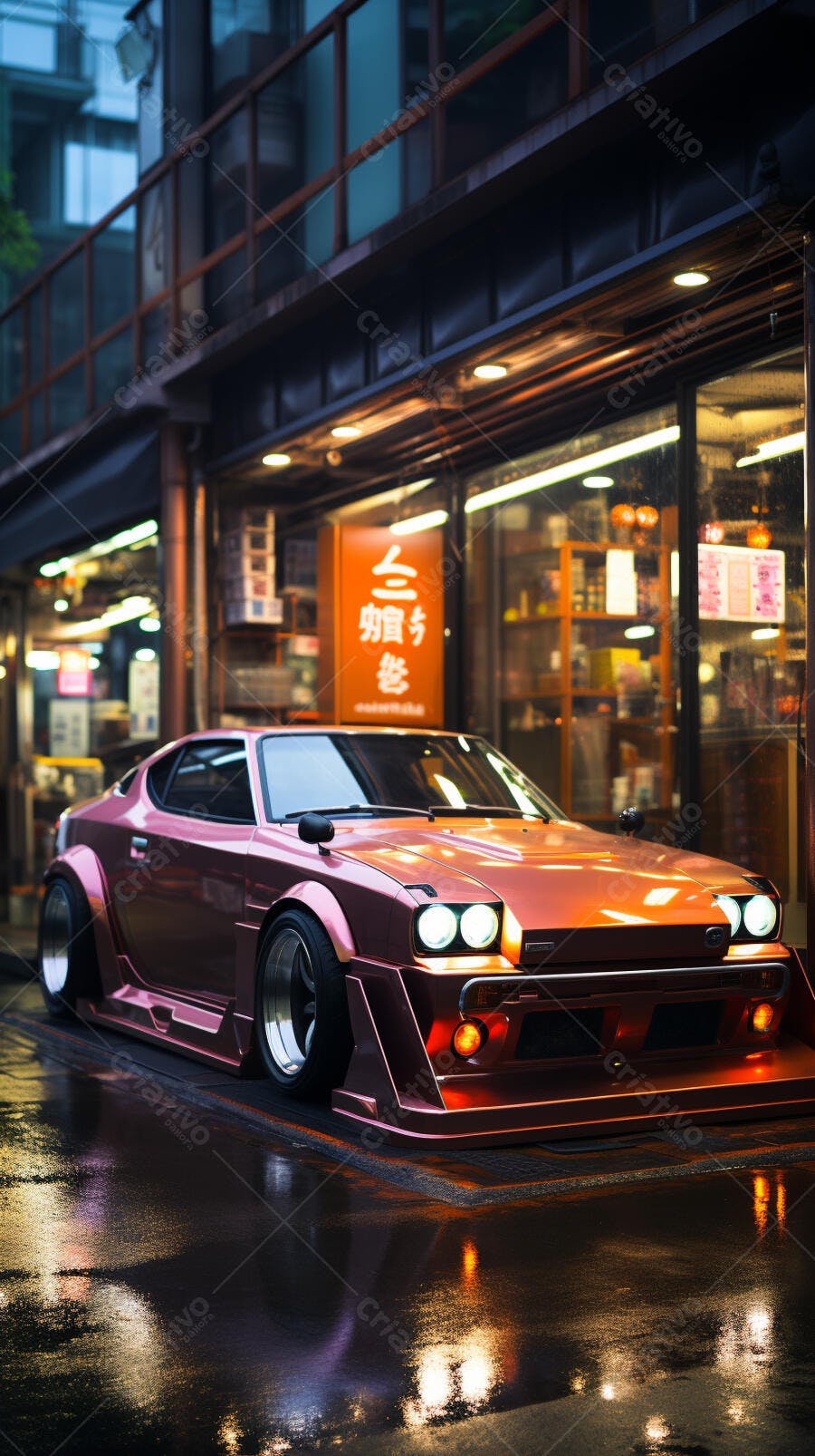 Carro customizado rosa em rua noturna chuvoso