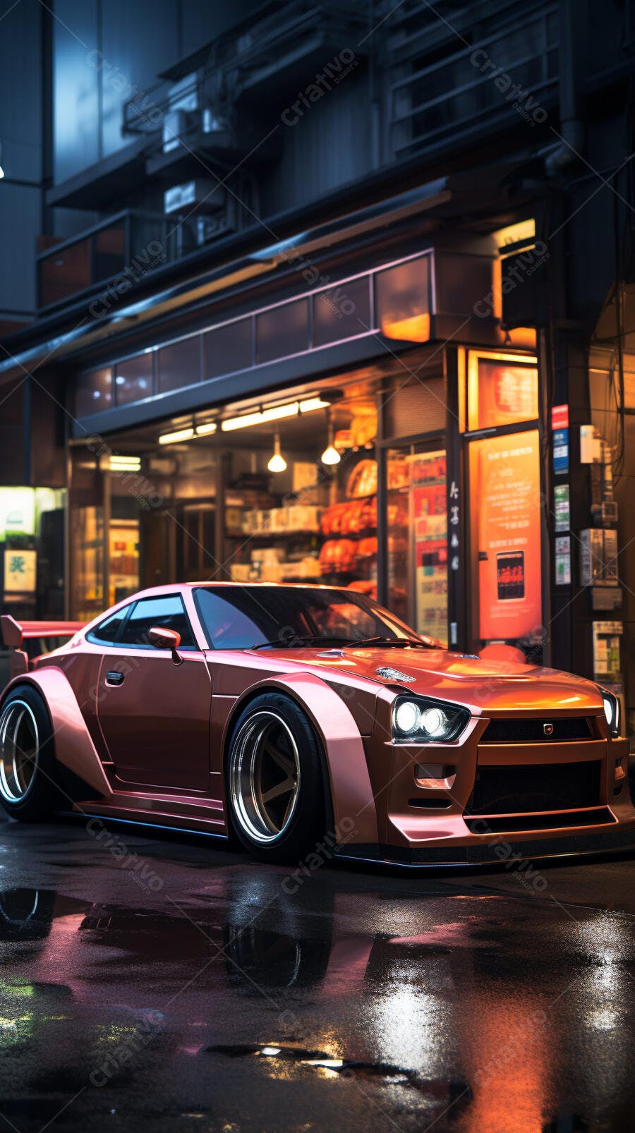 Carro esportivo rosa em rua noturna japonesa