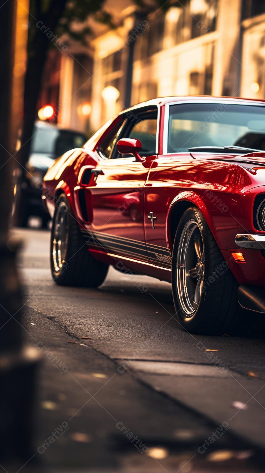 Mustang vermelho em rua urbana ao entardecer