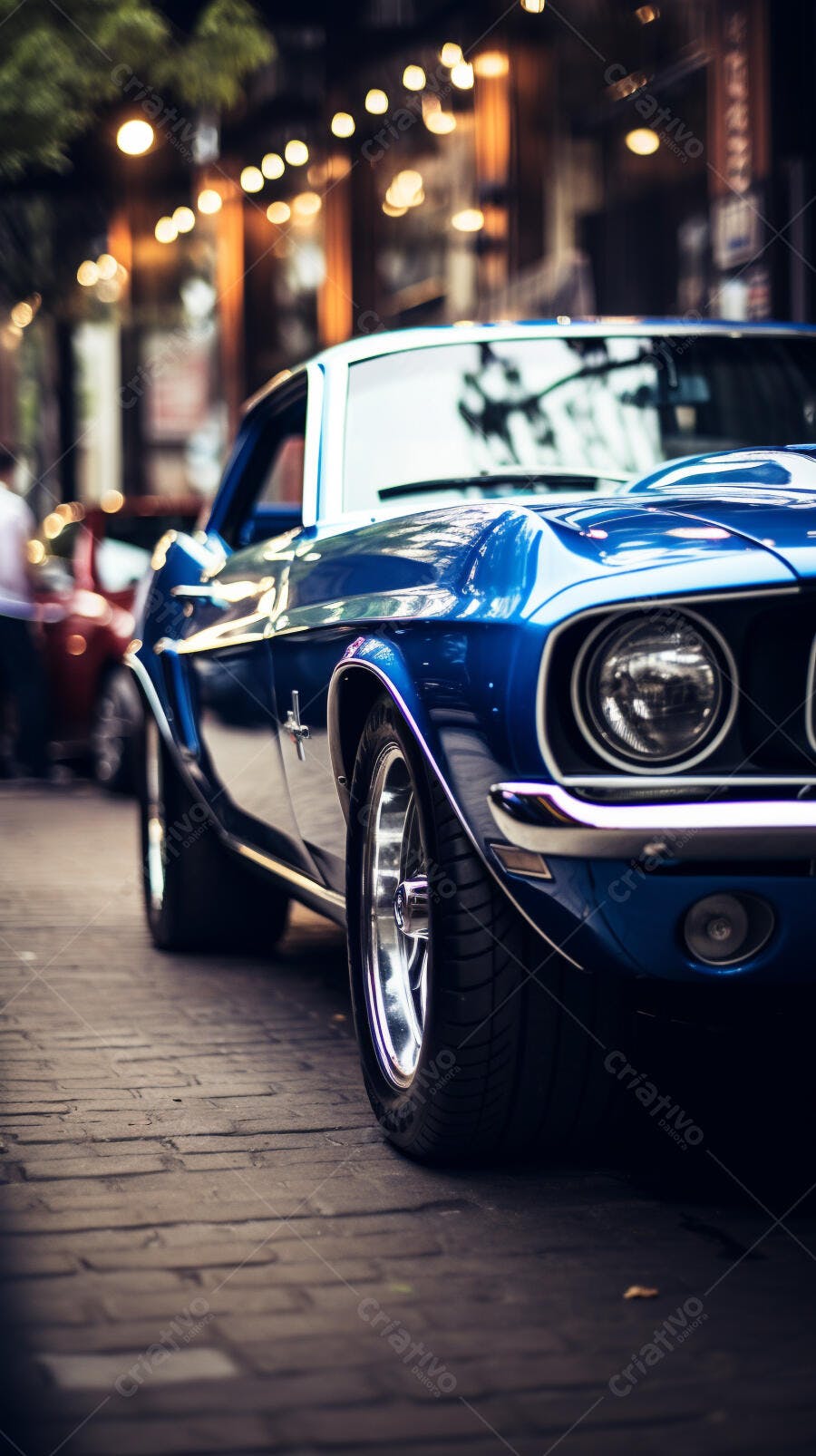 Mustang Azul Clássico em Rua Noturna