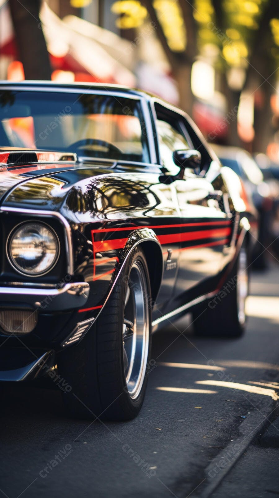 Muscle Car Preto e Vermelho em Rua Ensolarada