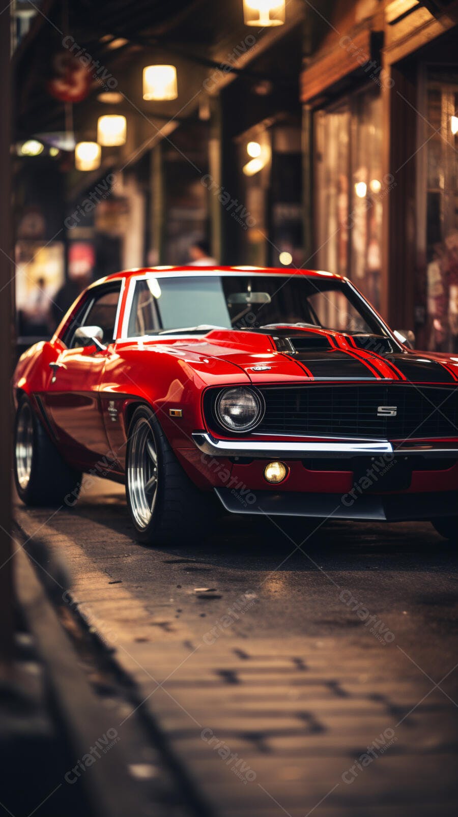 Muscle Car Vermelho em Rua Noturna