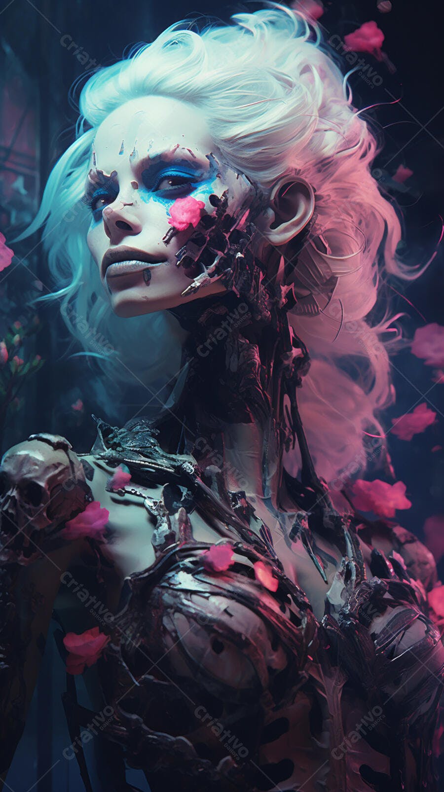 Mulher ciborgue com cabelo branco e flores rosa