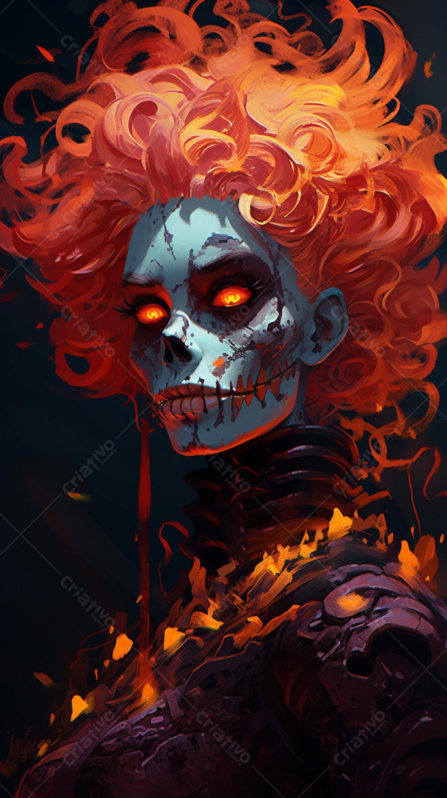 Mulher com máscara de caveira cabelo fogo