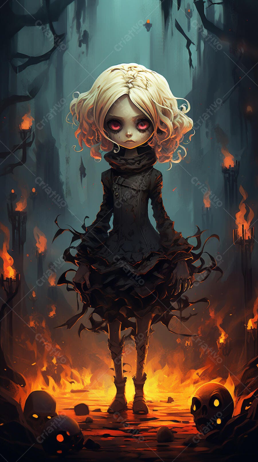 Menina gótica em cenário infernal