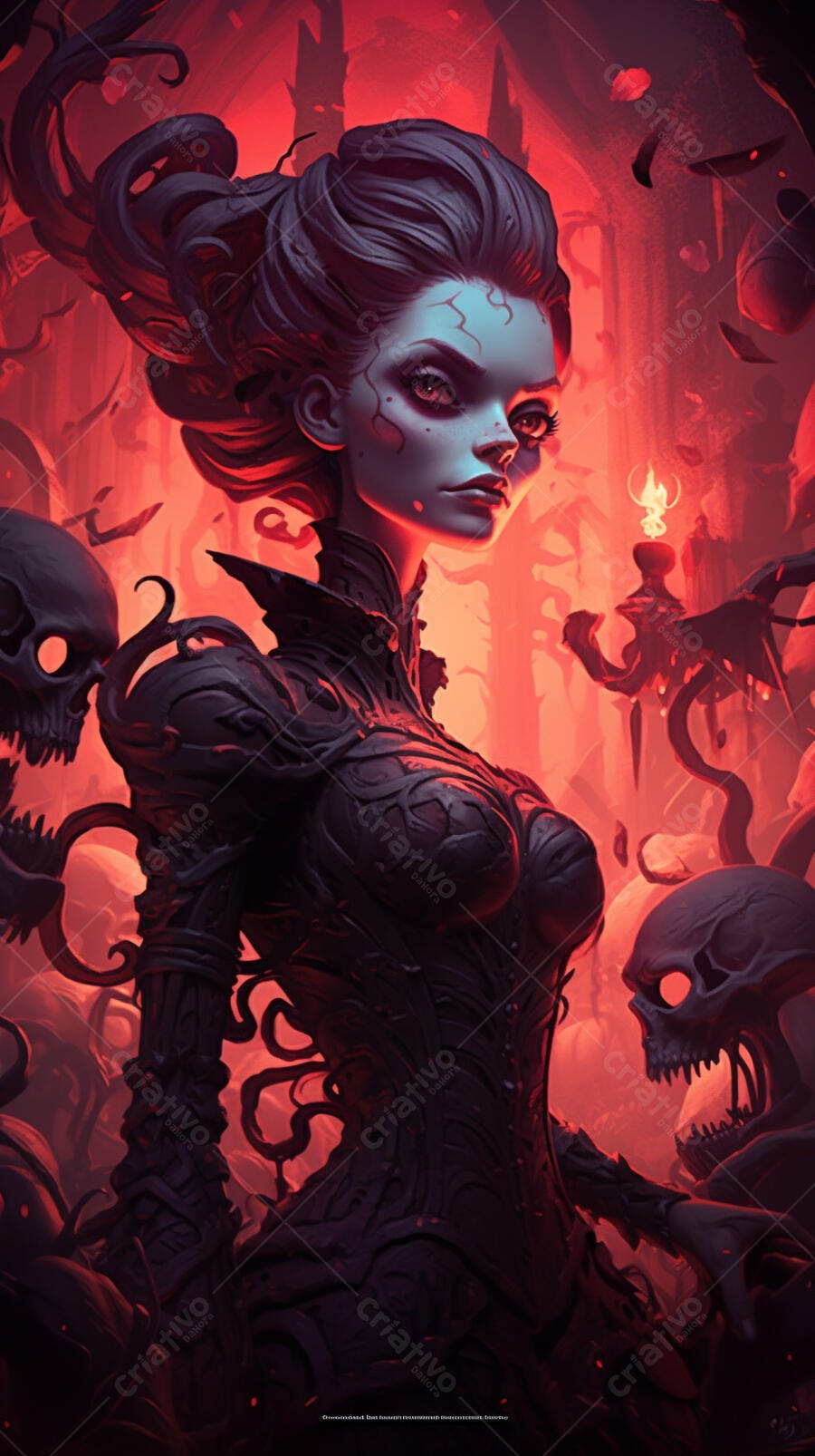 Mulher gótica em cenário infernal