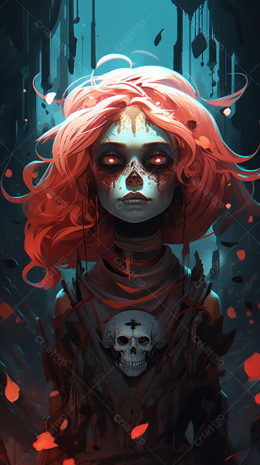 Mulher com cabelo ruivo e maquiagem de caveira