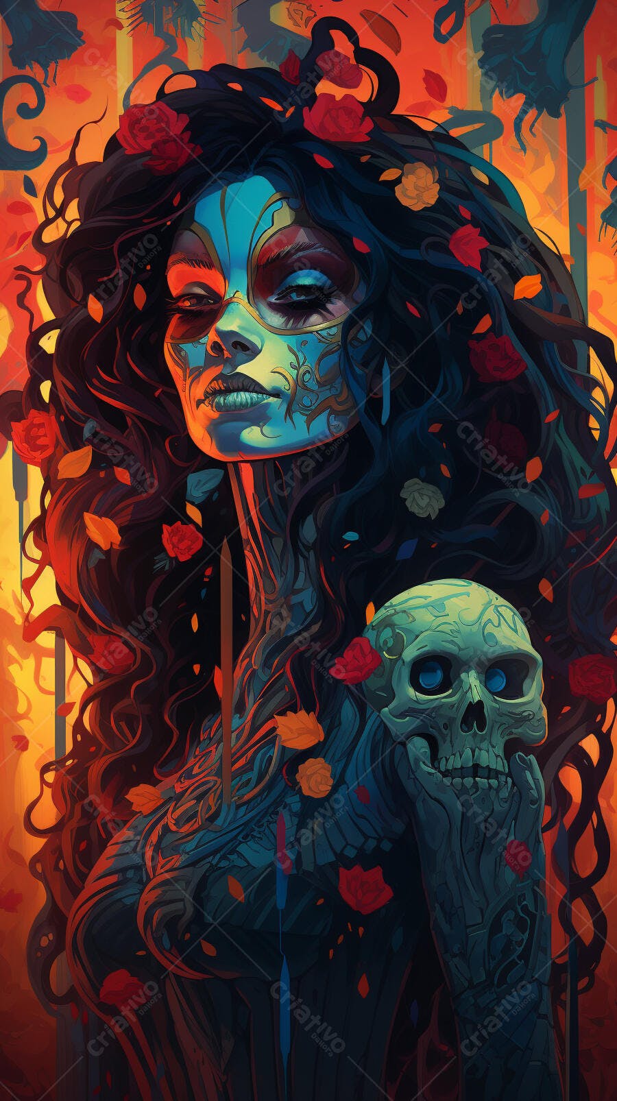 Mulher com máscara e caveira em tons escuros