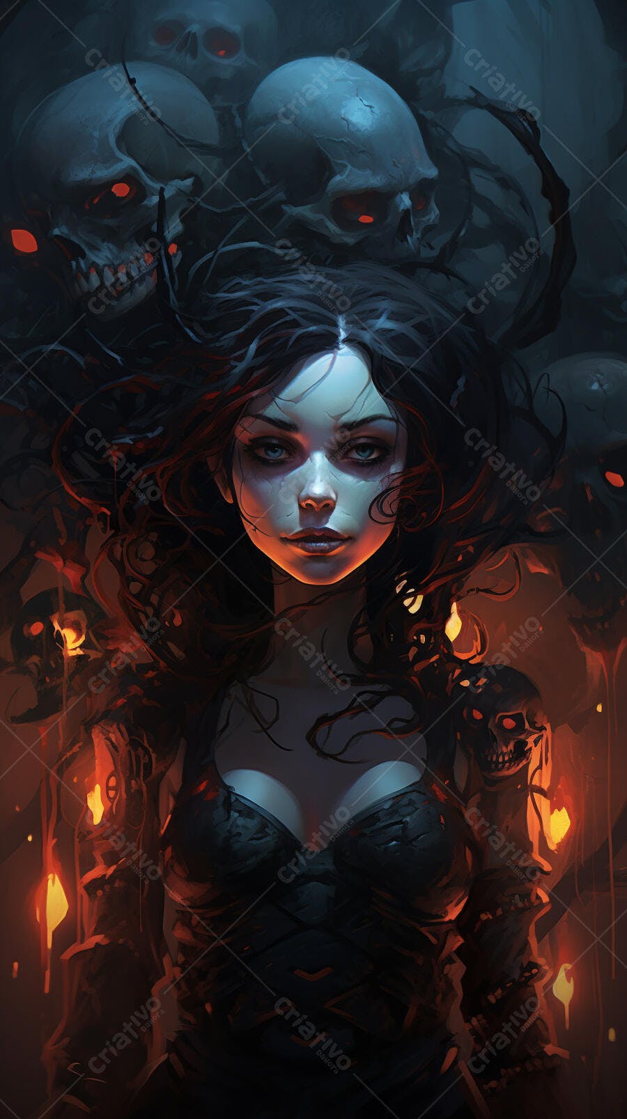 Mulher misteriosa cercada por caveiras