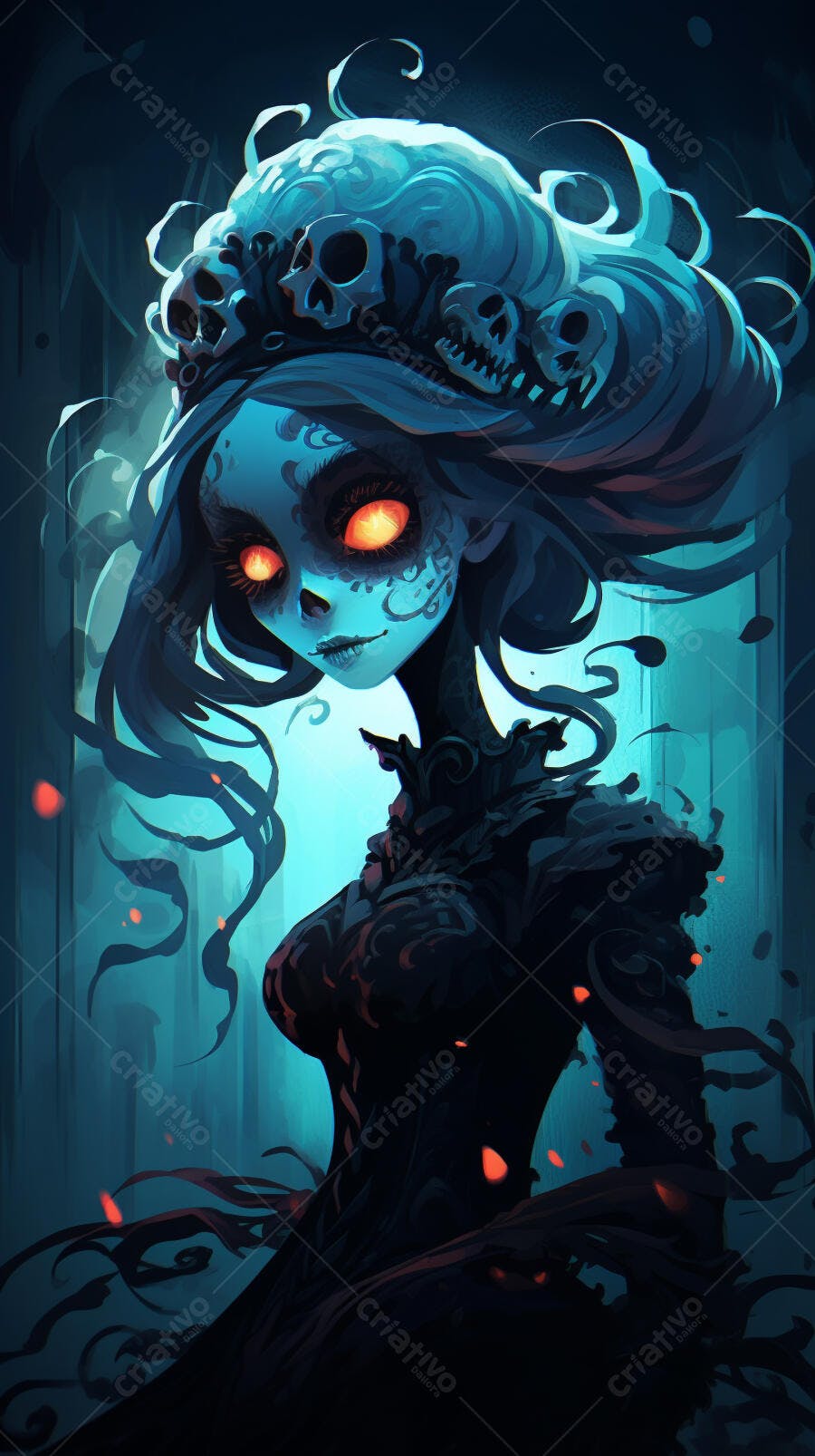 Mulher fantasmagórica com coroa de caveiras