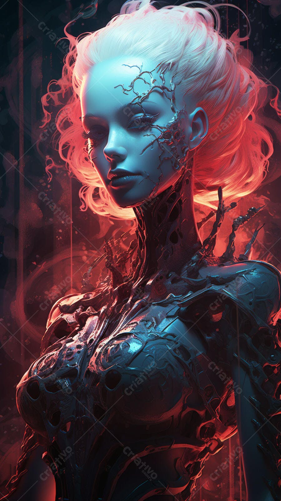 Mulher ciborgue futurista tons azuis e vermelhos