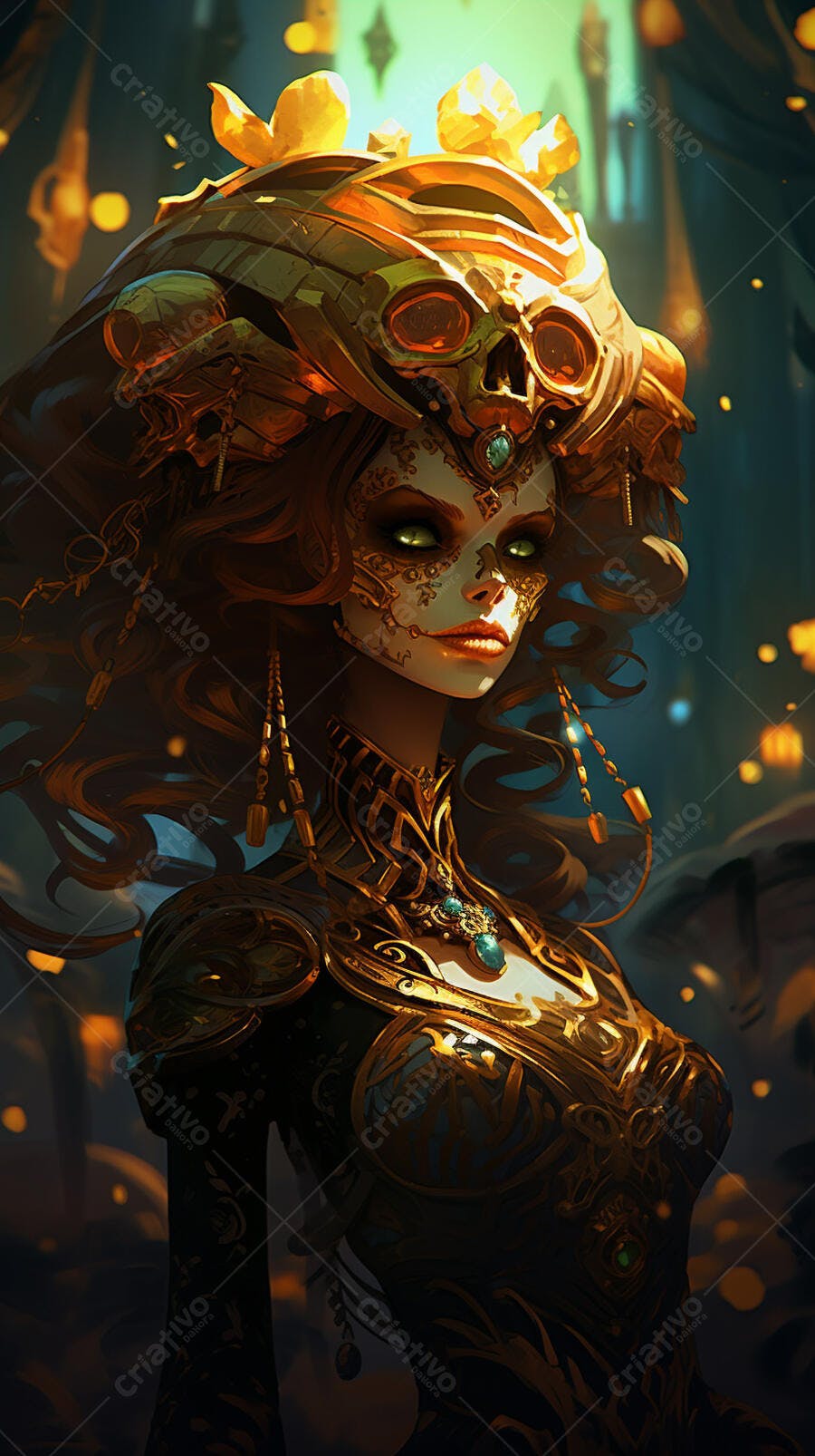 Mulher com máscara dourada e olhos verdes