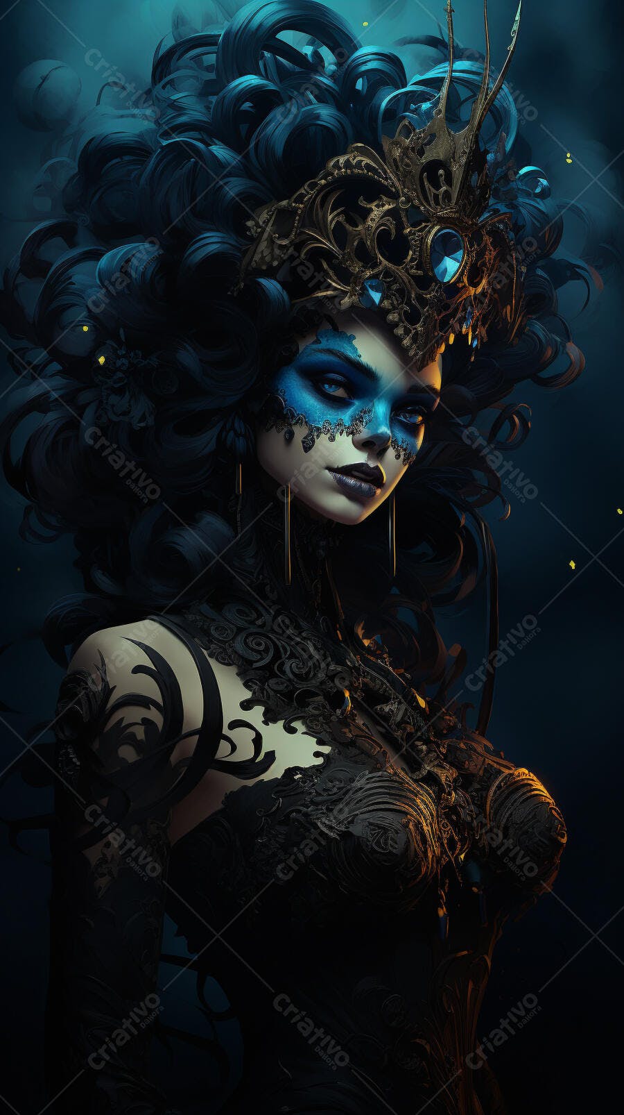 Mulher com máscara azul e coroa dourada