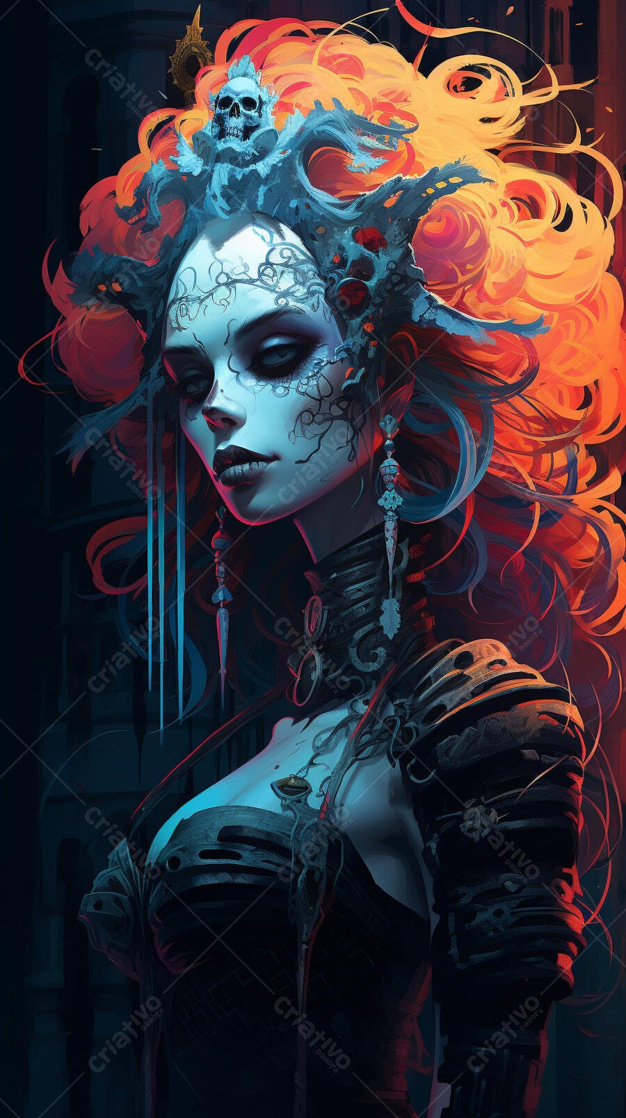 Mulher gótica com cabelo laranja e caveira