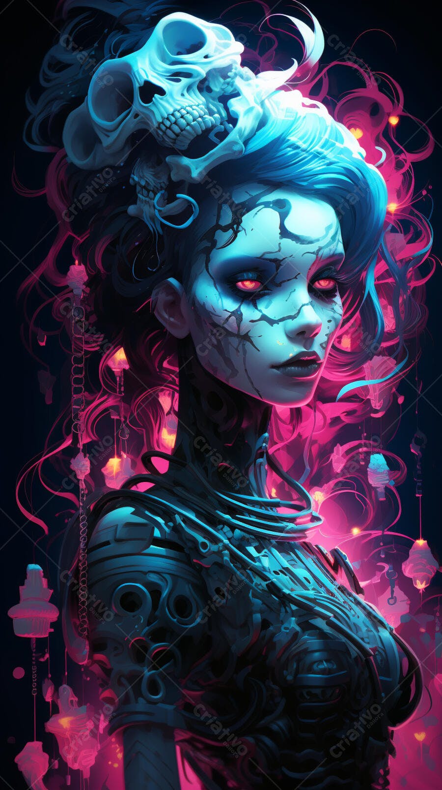 Mulher ciborgue com caveira azul e rosa