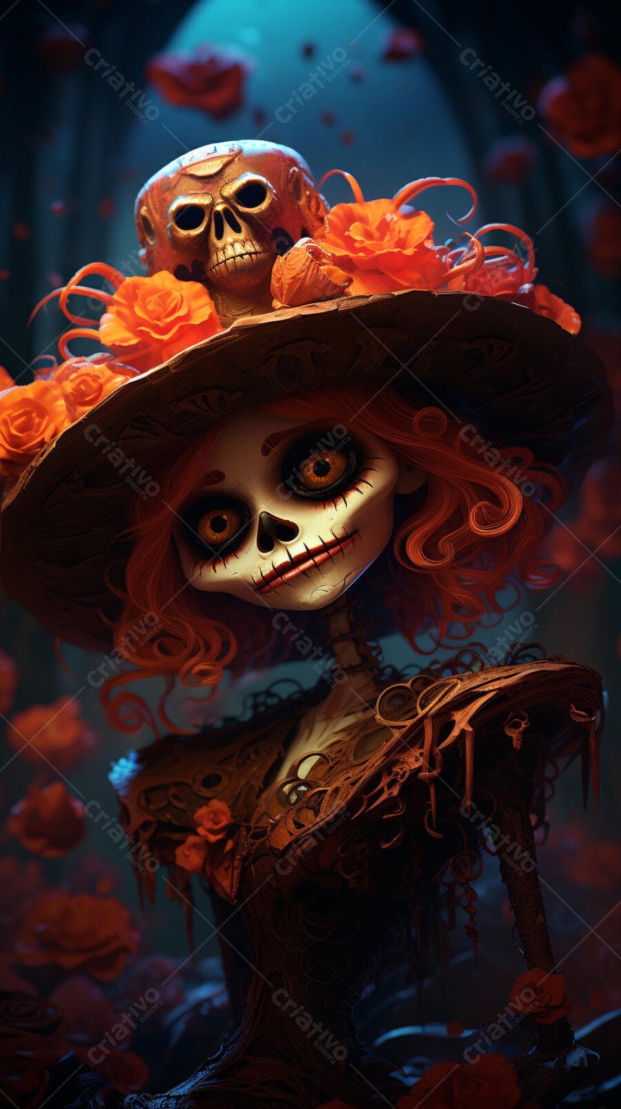 Catrina com flores laranjas e chapéu decorado