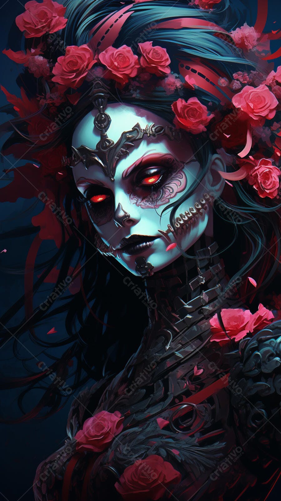 Mulher robótica com rosas vermelhas