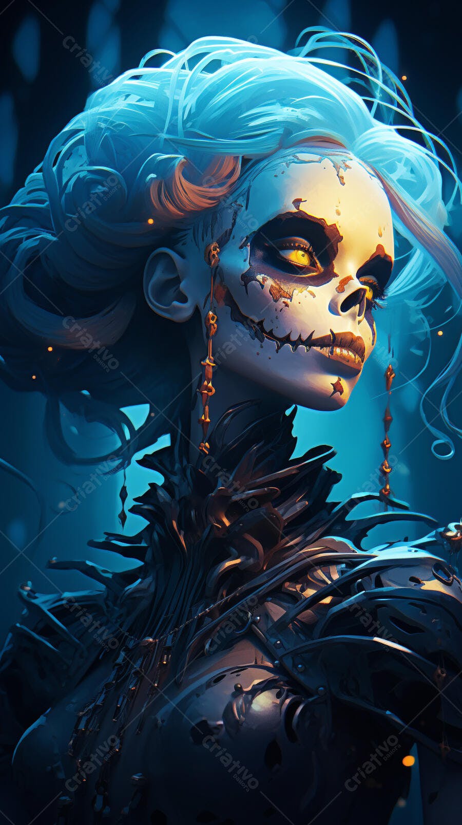 Mulher com maquiagem de caveira azul e dourado