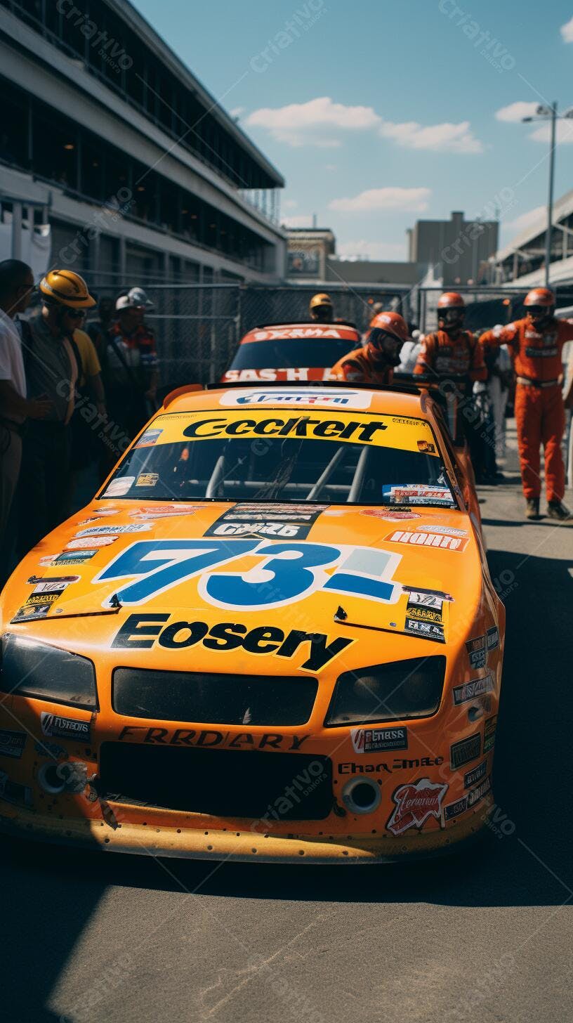 Carro de corrida laranja número 73 em box