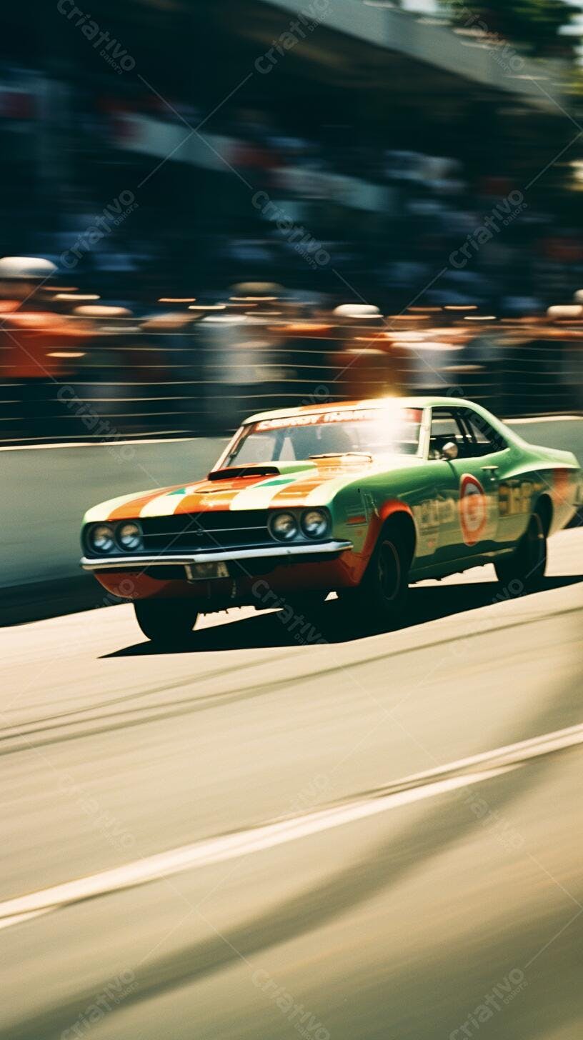 Carro de corrida verde e laranja em alta velocidade