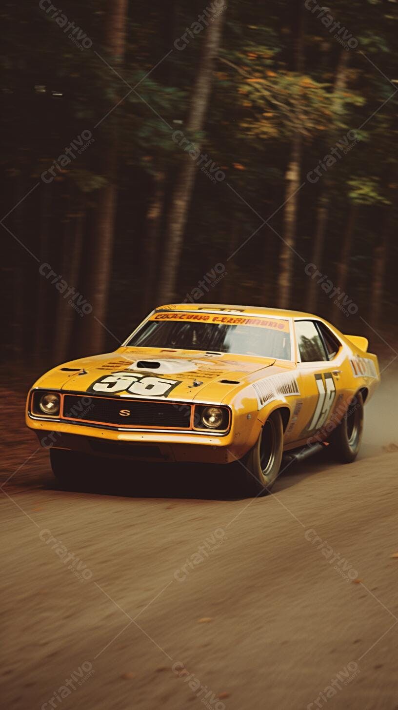 Muscle Car Amarelo em Competição na Floresta