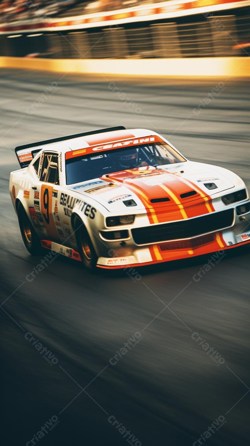 Carro de corrida branco e laranja em alta velocidade