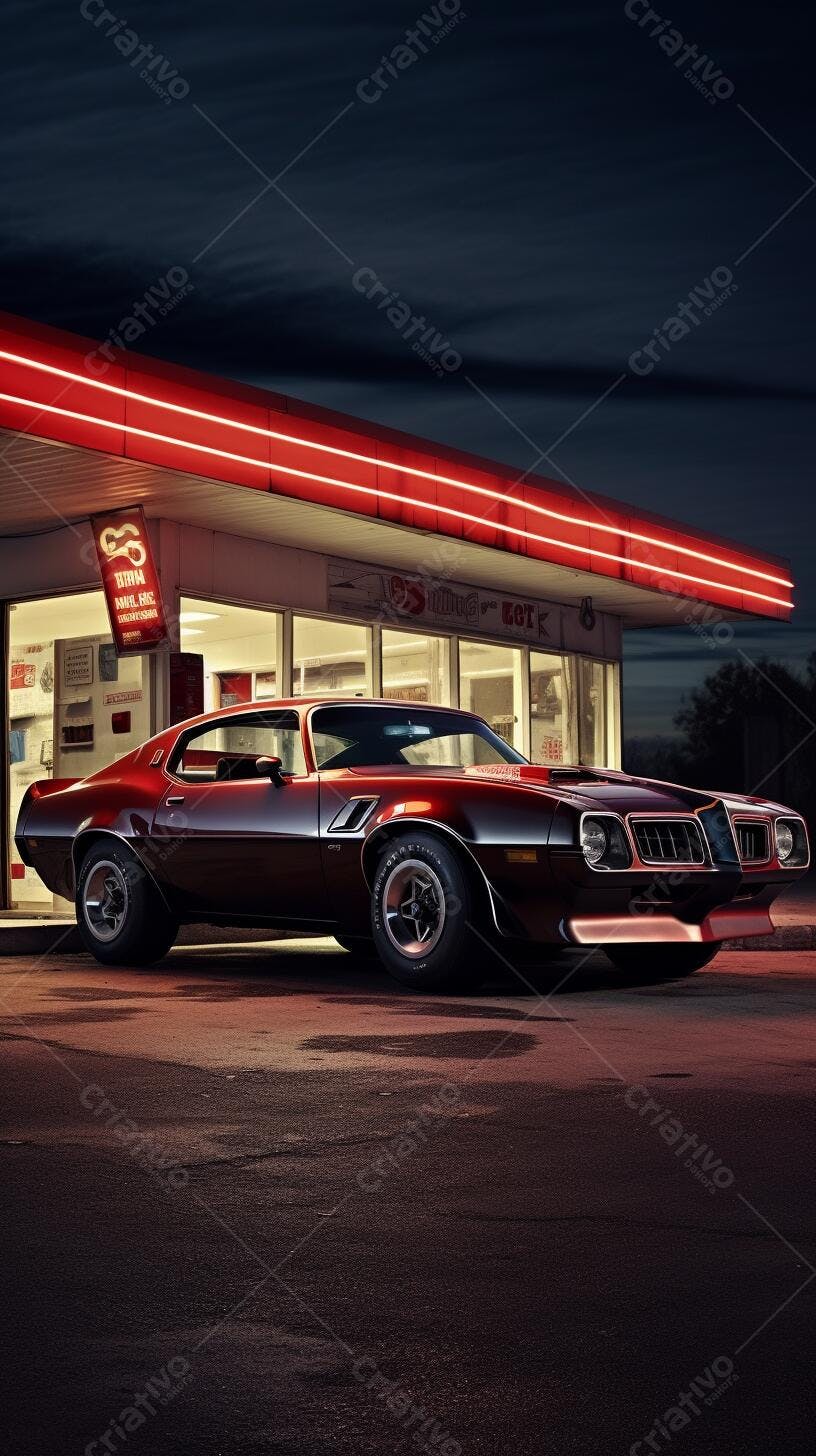 Muscle Car Vermelho Noturno Posto Gasolina
