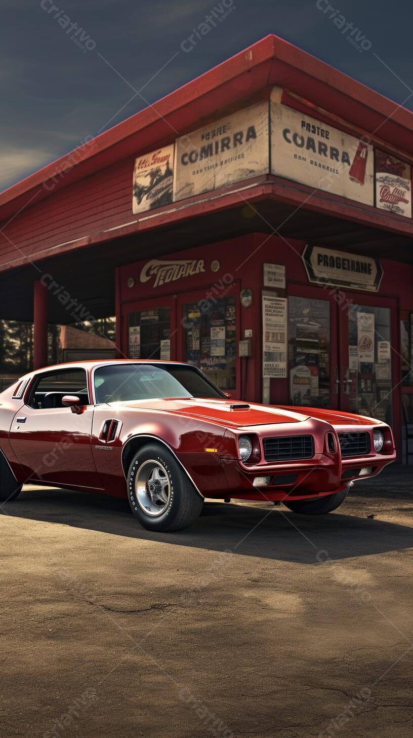 Muscle Car Vermelho em Posto de Gasolina Vintage