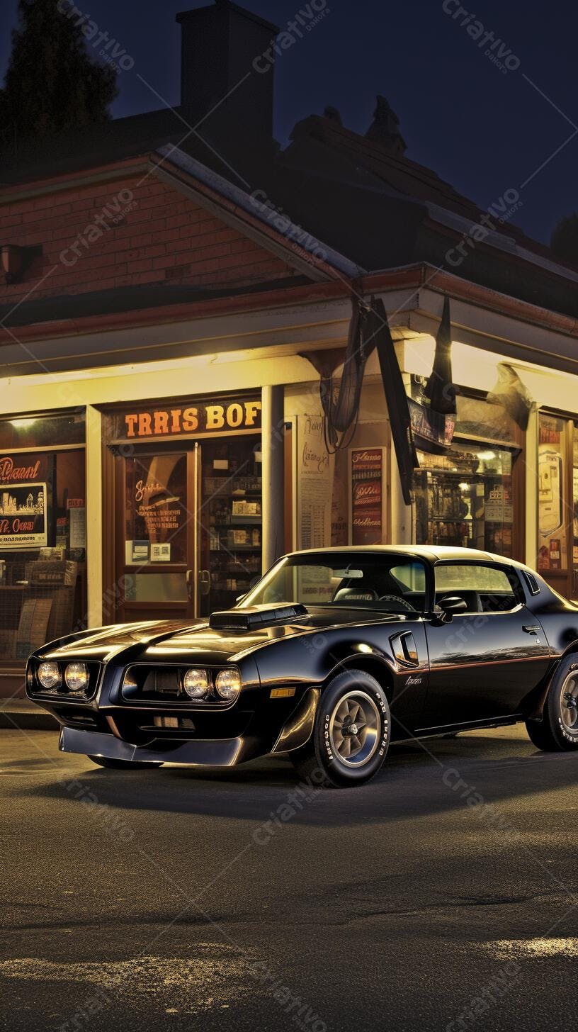 Pontiac Firebird Preto em frente a loja noturna