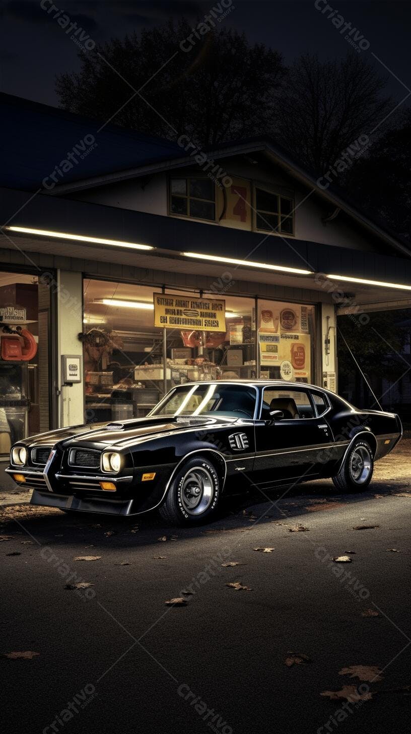 Muscle Car Preto na Garagem Noturna
