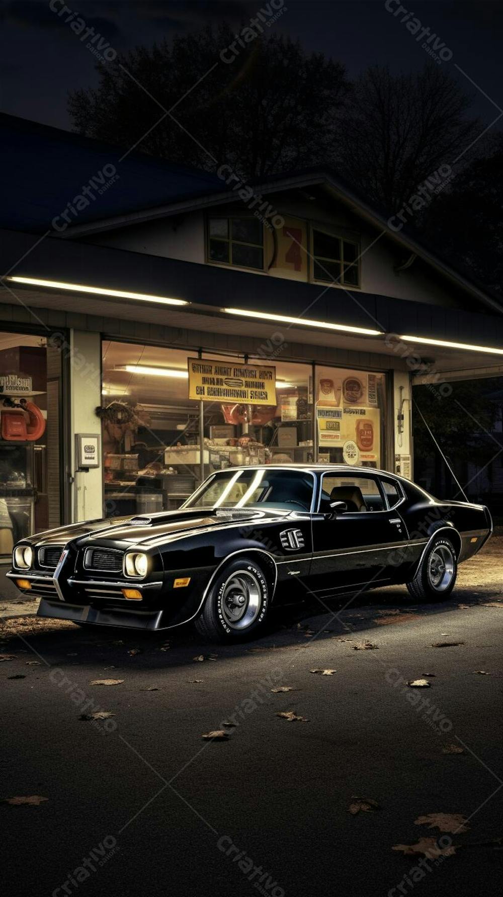 Carro clássico conversível em frente a um estabelecimento retrô