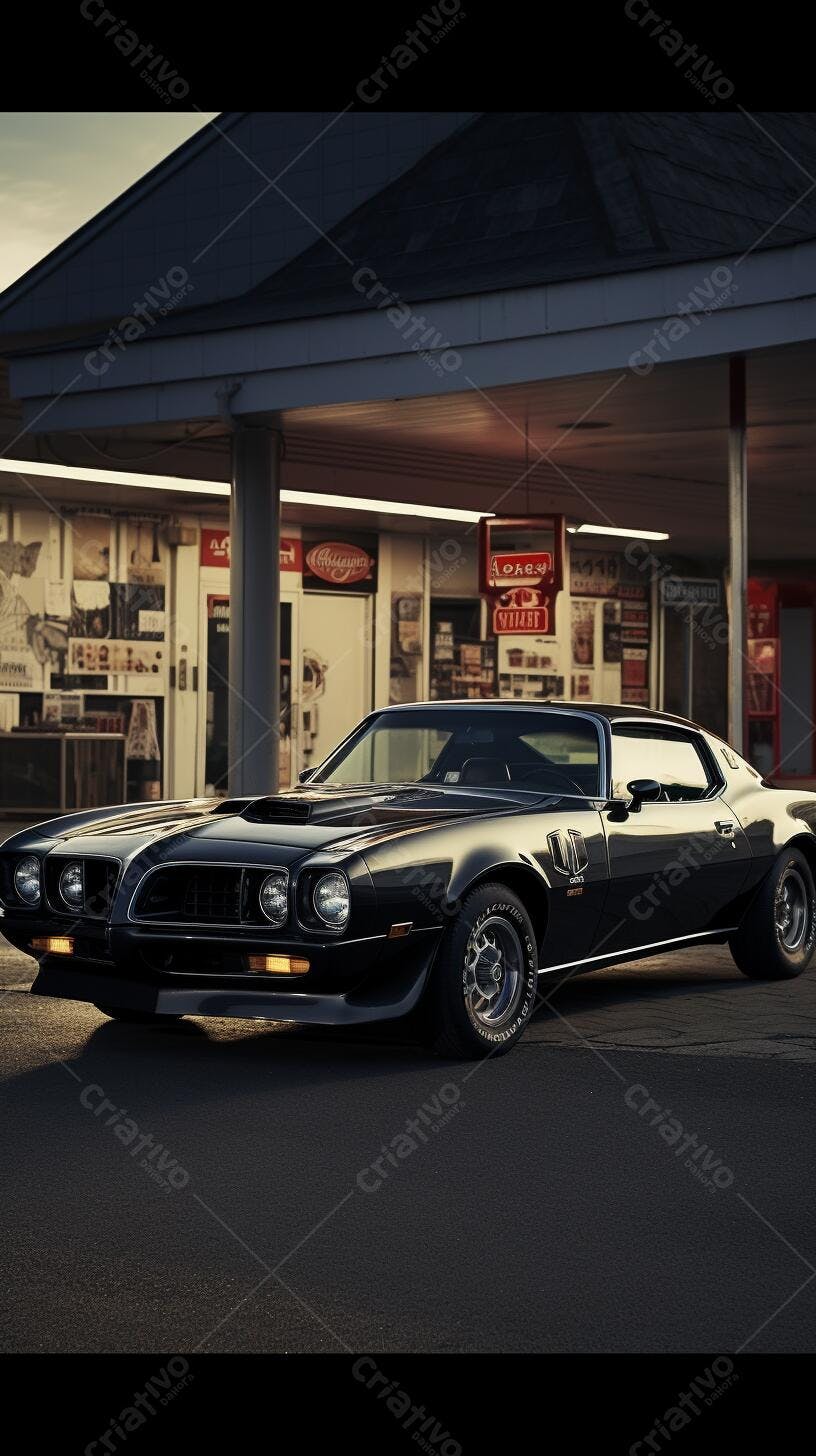 Pontiac Trans Am preto em posto de gasolina vintage