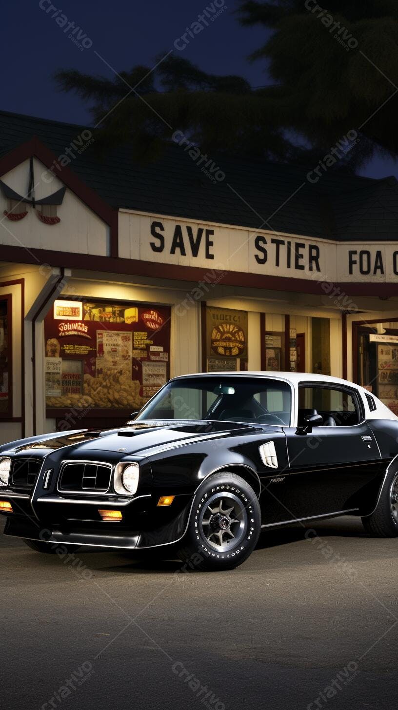 Muscle Car Preto e Branco na Frente de Lanchonete Noturna
