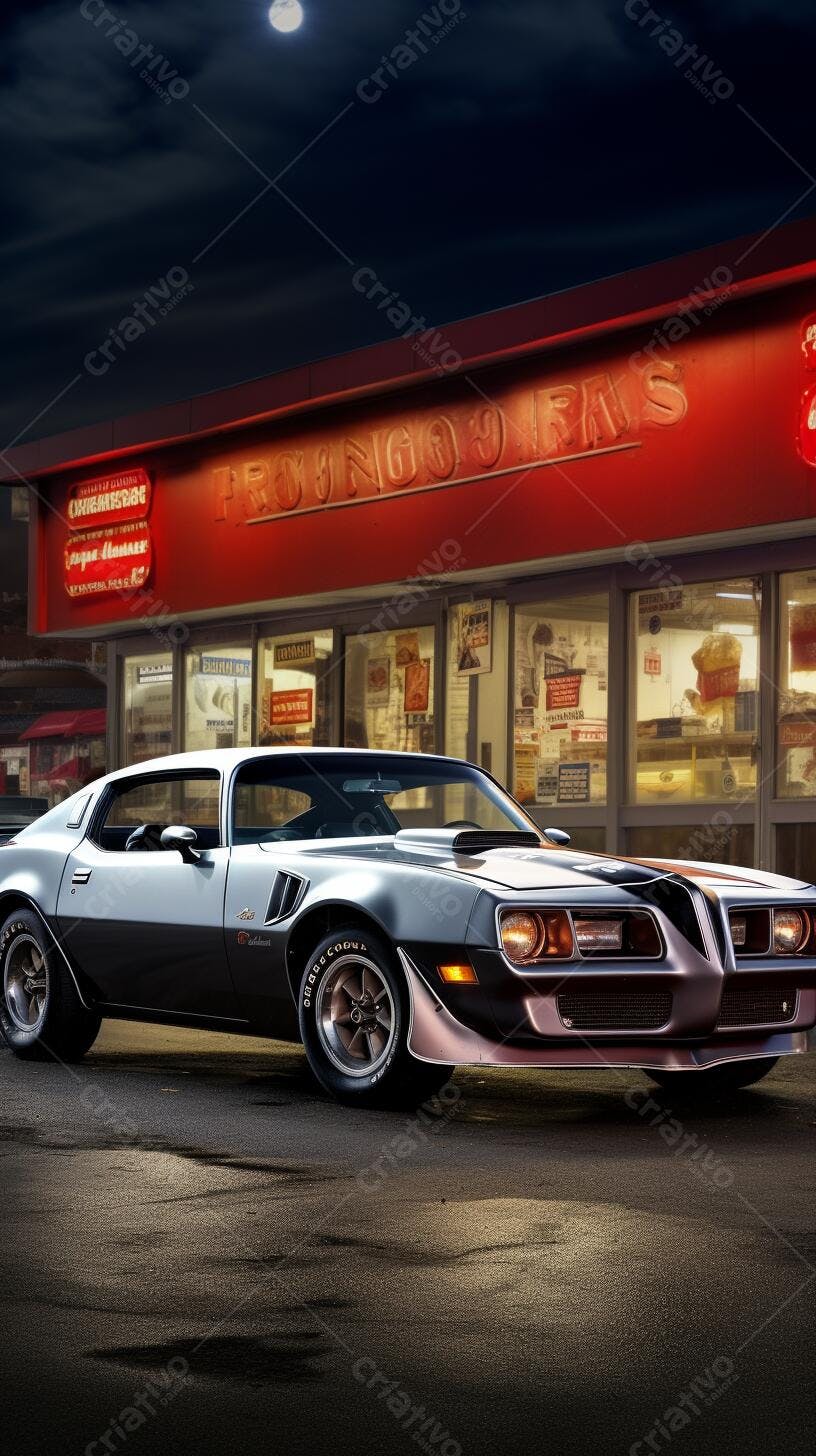 Muscle Car Prata e Preto noite restaurante