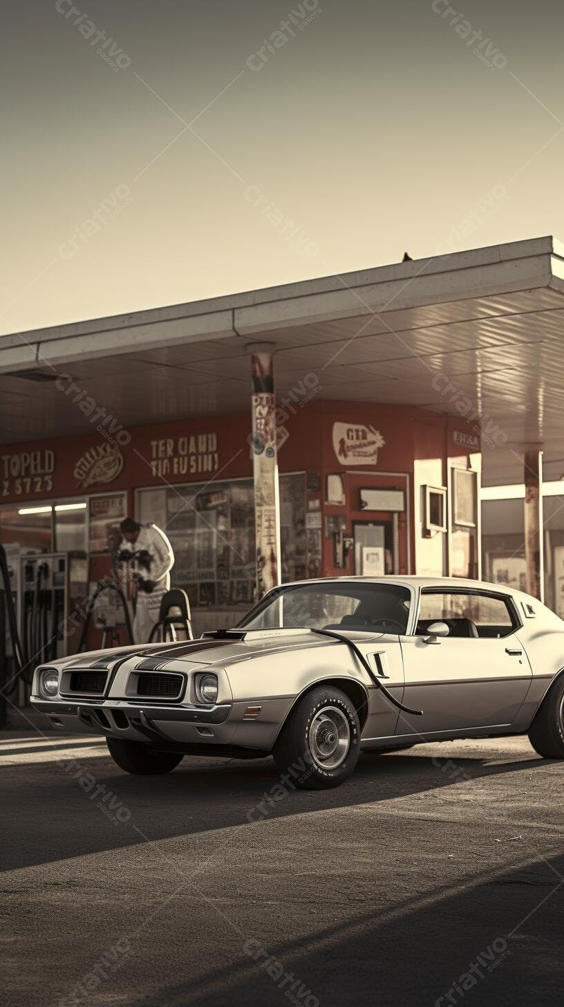Muscle Car Clássico em Posto de Gasolina Vintage