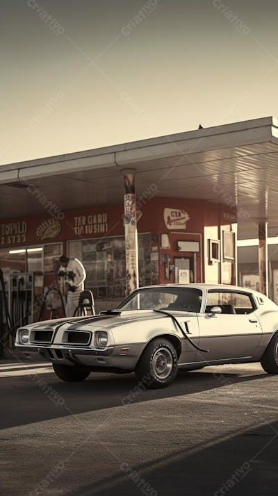 Carro clássico conversível em frente a um estabelecimento retrô