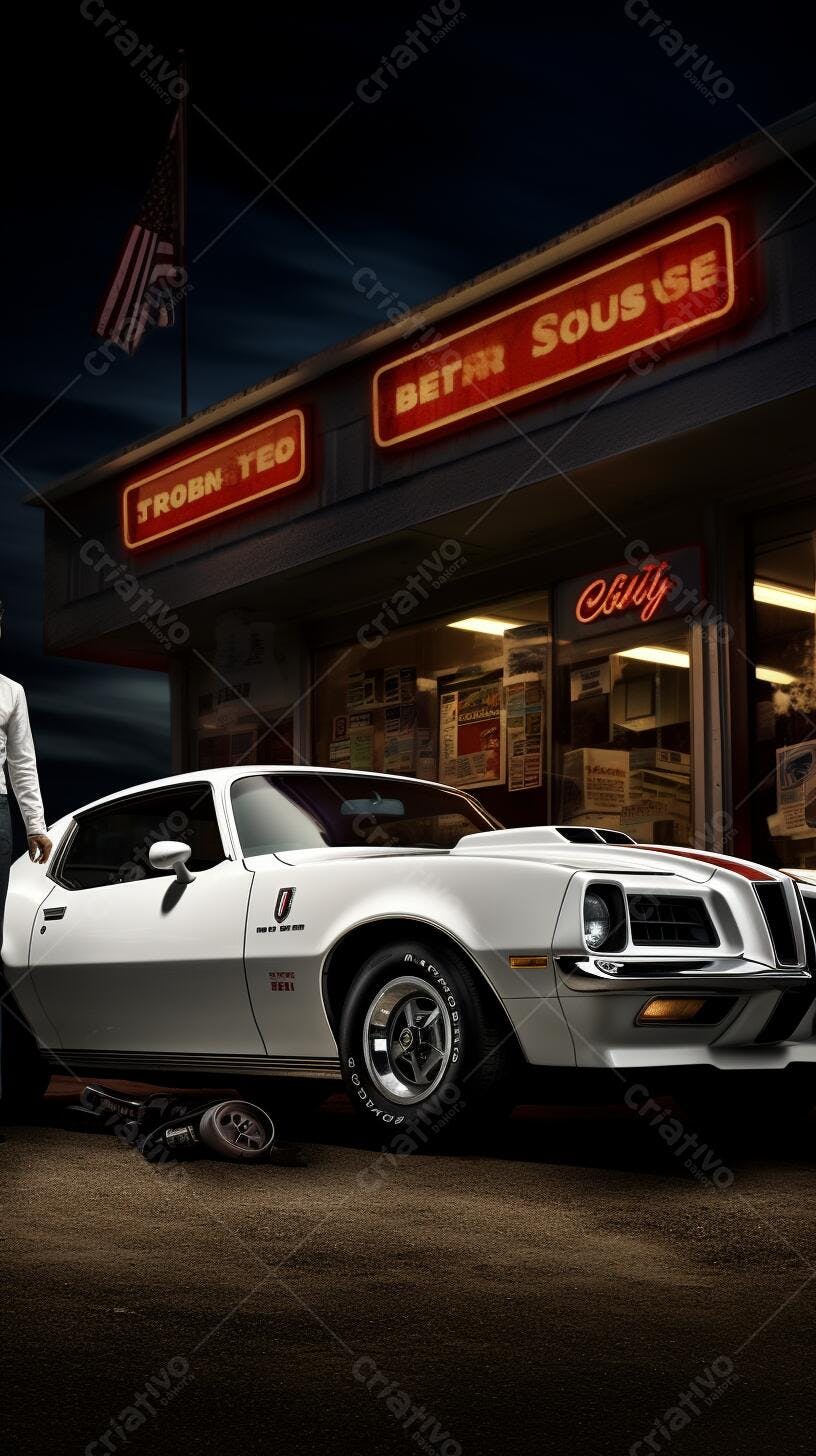 Muscle Car Branco à Noite em Oficina