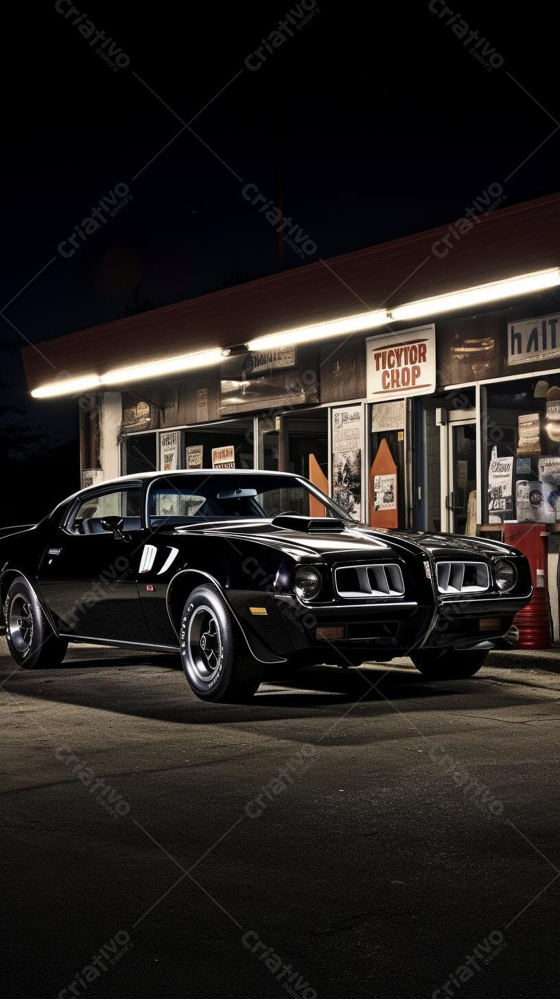 Muscle Car Preto na Noite Posto de Gasolina