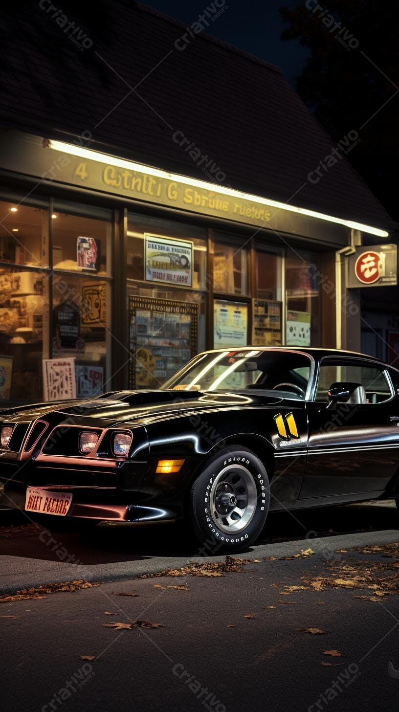 Muscle Car Preto Noturno na Rua