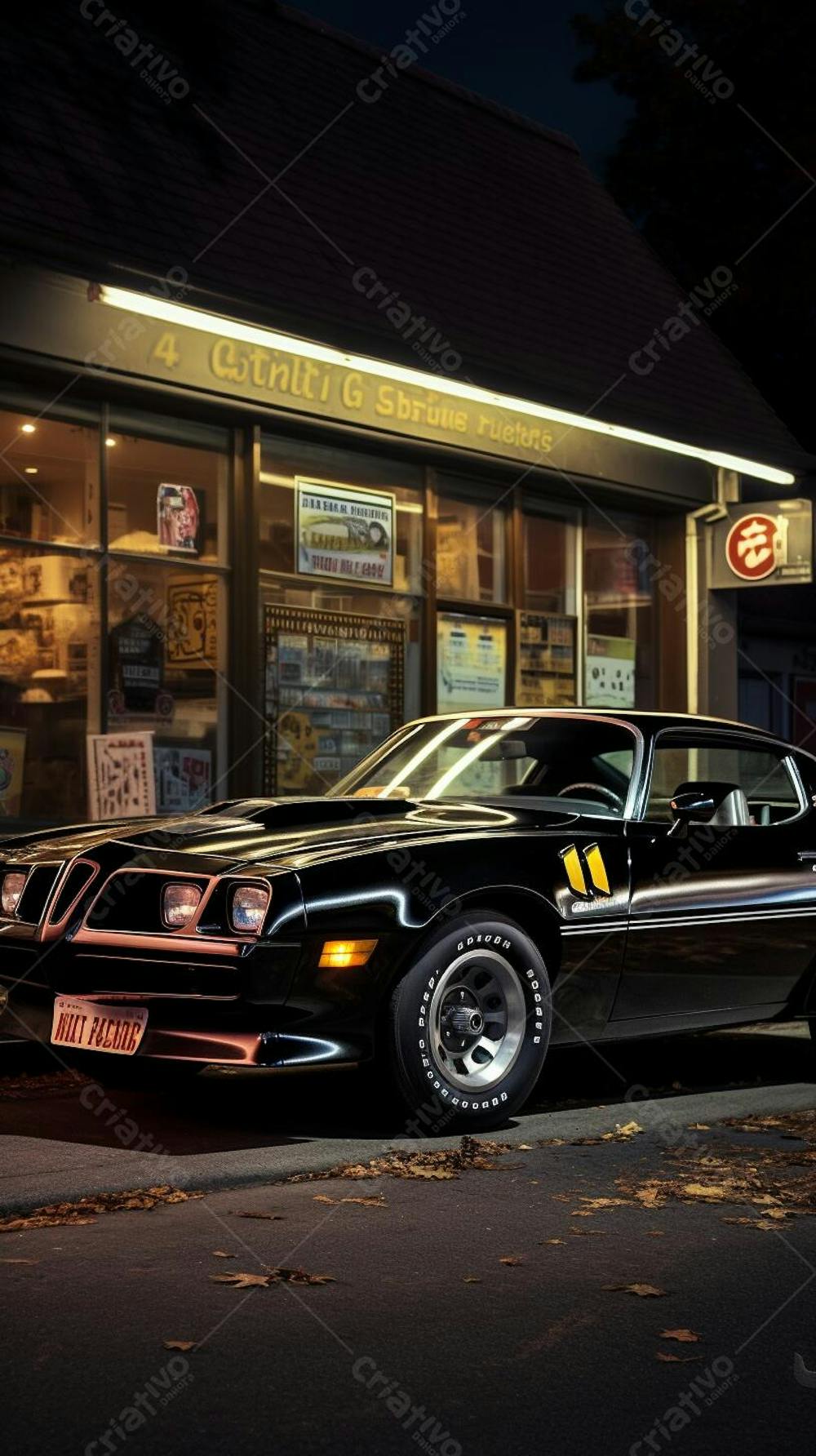 Carro clássico conversível em frente a um estabelecimento retrô