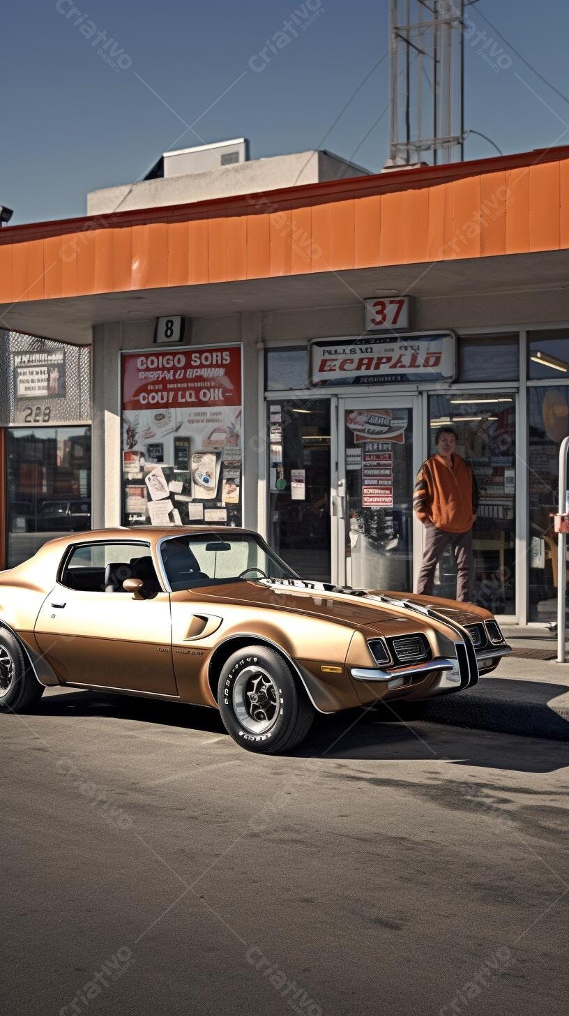 Muscle Car Dourado na Frente de Loja Vintage