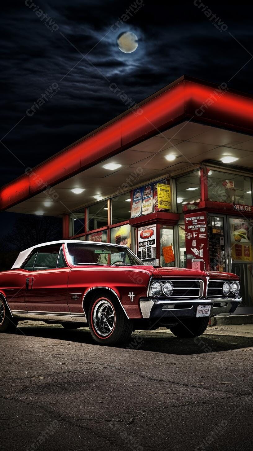 Chevrolet vermelho em posto de gasolina noite