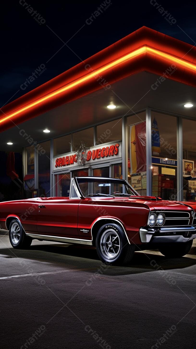 Chevrolet conversível vermelho em posto de gasolina noturno