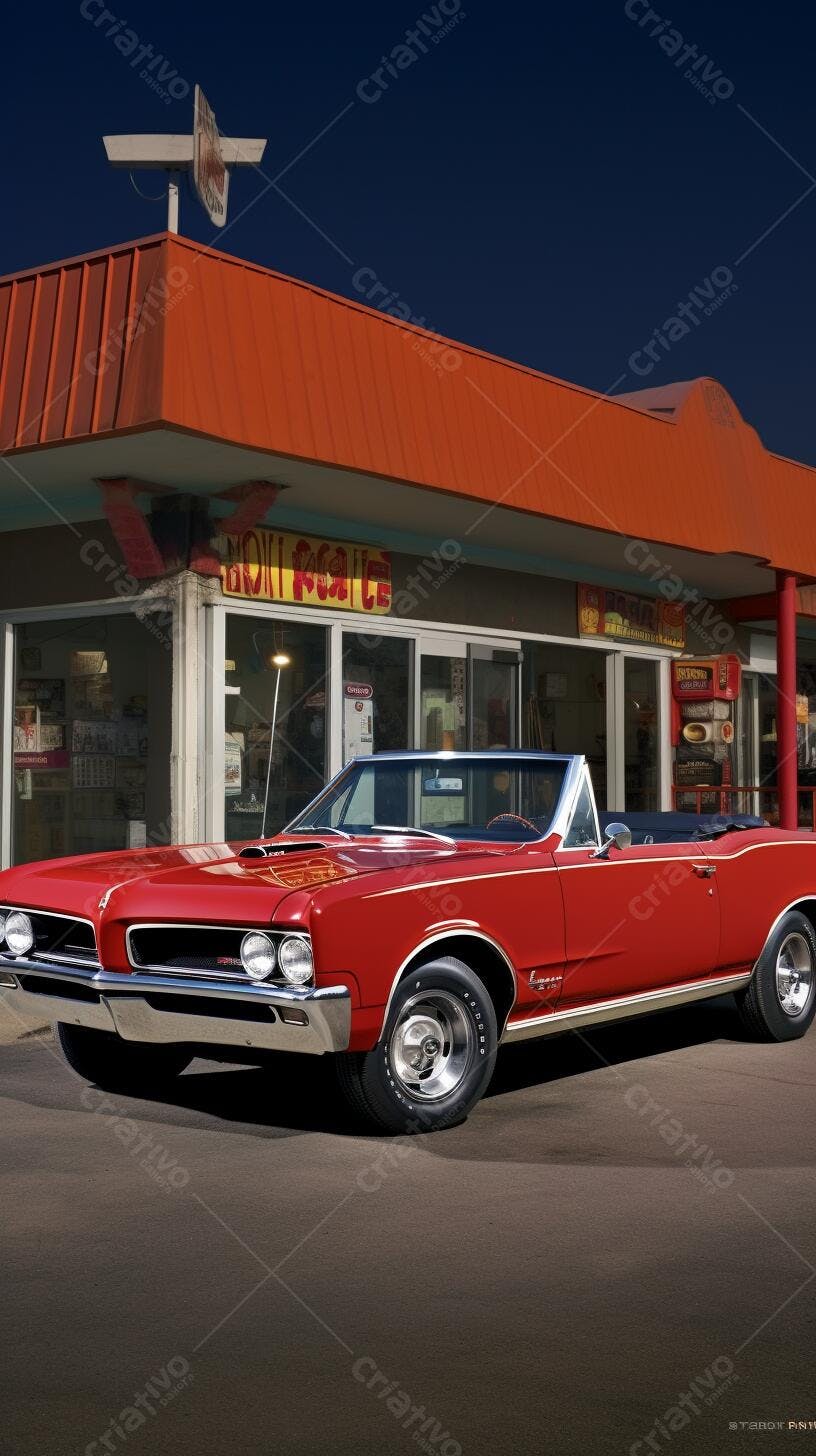 Chevrolet convertible vermelho em frente a lanchonete