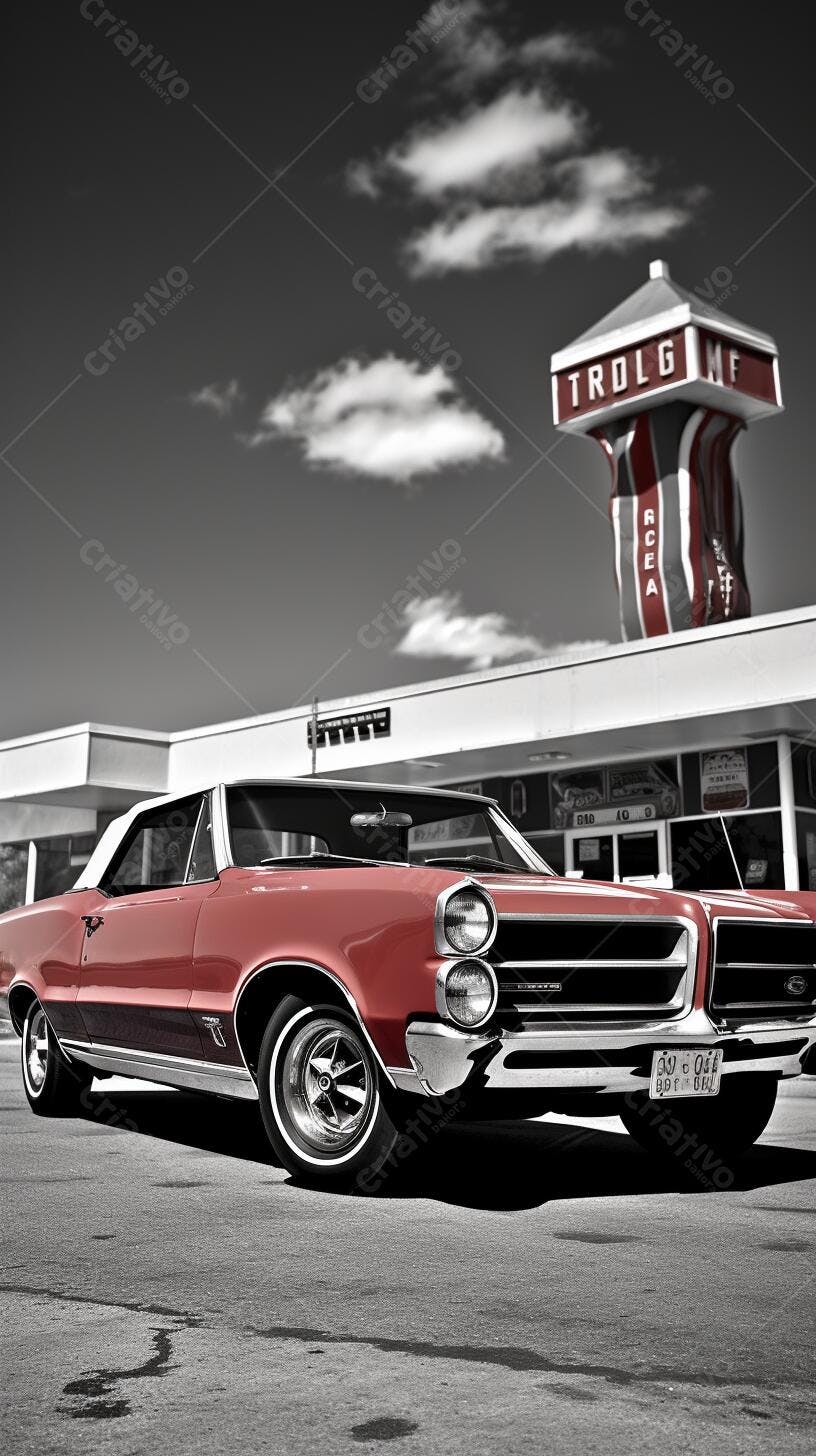Chevrolet vermelho clássico em posto de gasolina vintage