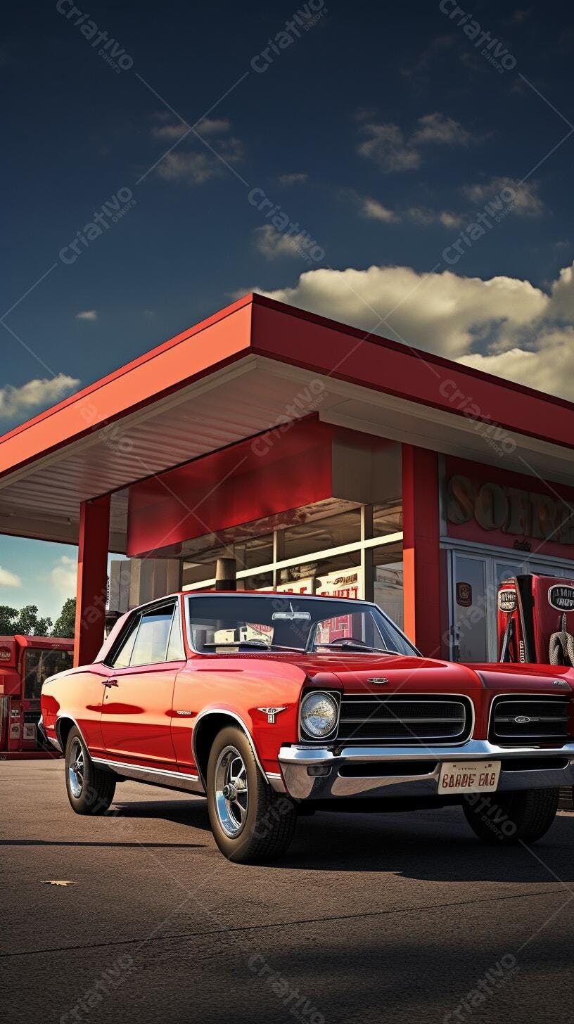Muscle Car Vermelho em Posto de Gasolina Vintage