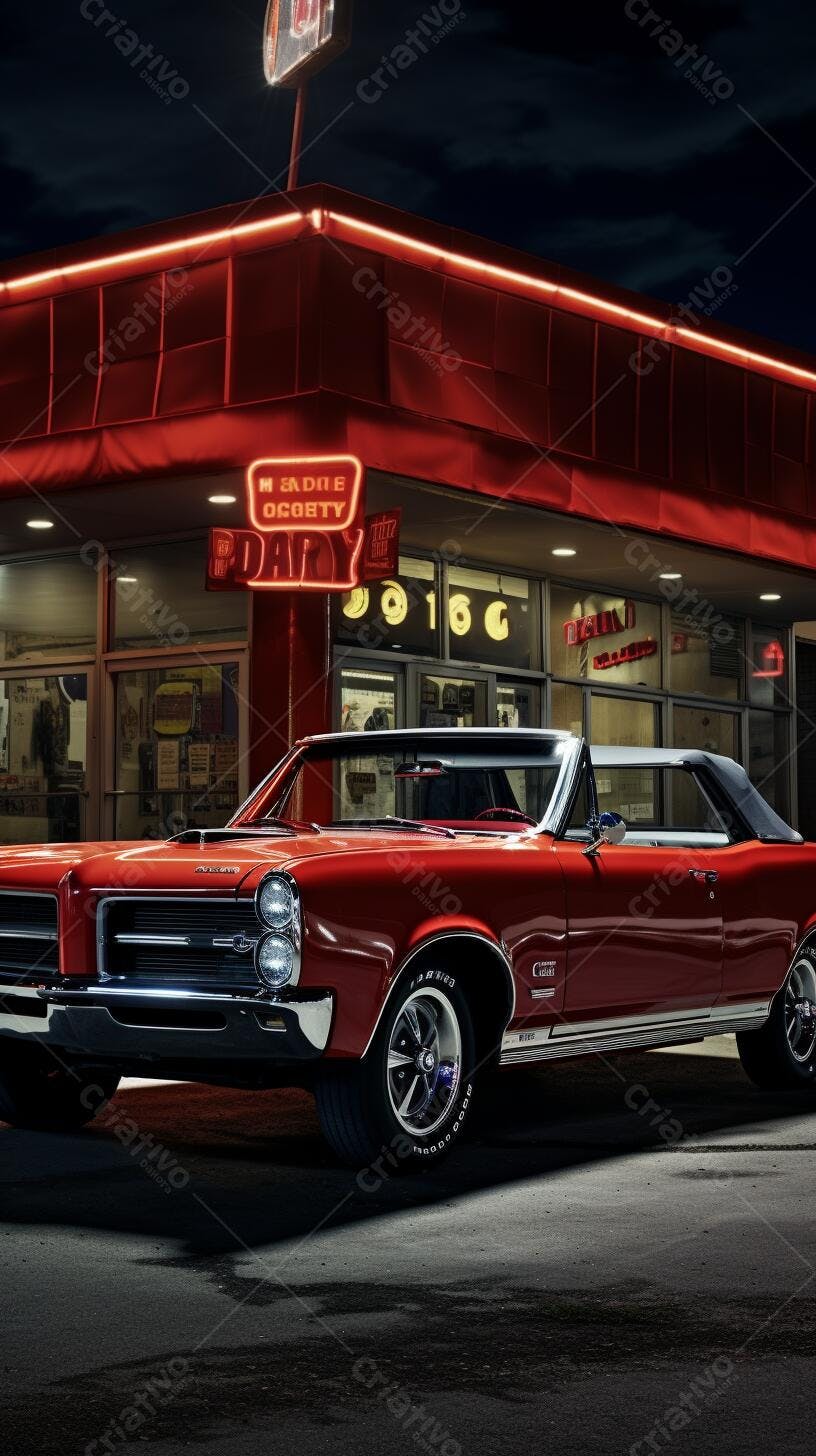 Muscle Car Vermelho Noturno em frente a Lanchonete